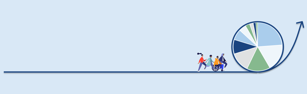 Illustration of several people moving along a line that leads to a loop ending in an arrow pointing up and to the right.