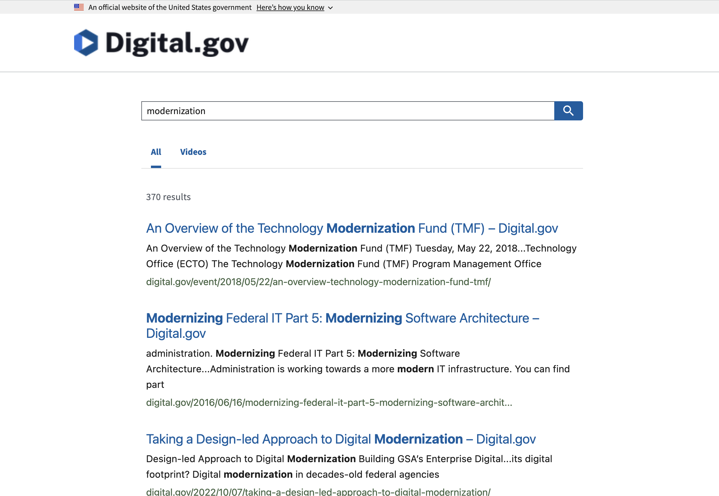 Search results on digital.gov for the term 'modernization'
