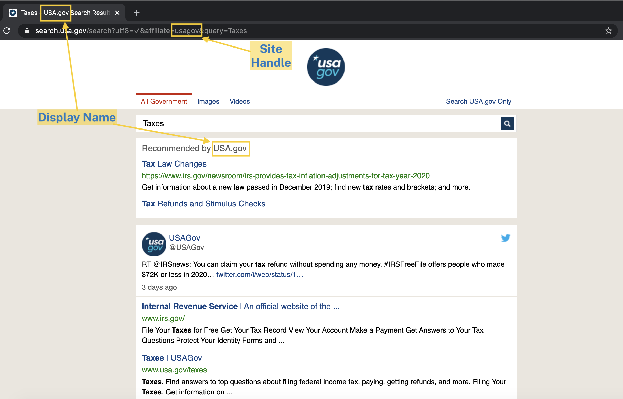 Display Name and Site Handle on NIH.gov's search results page