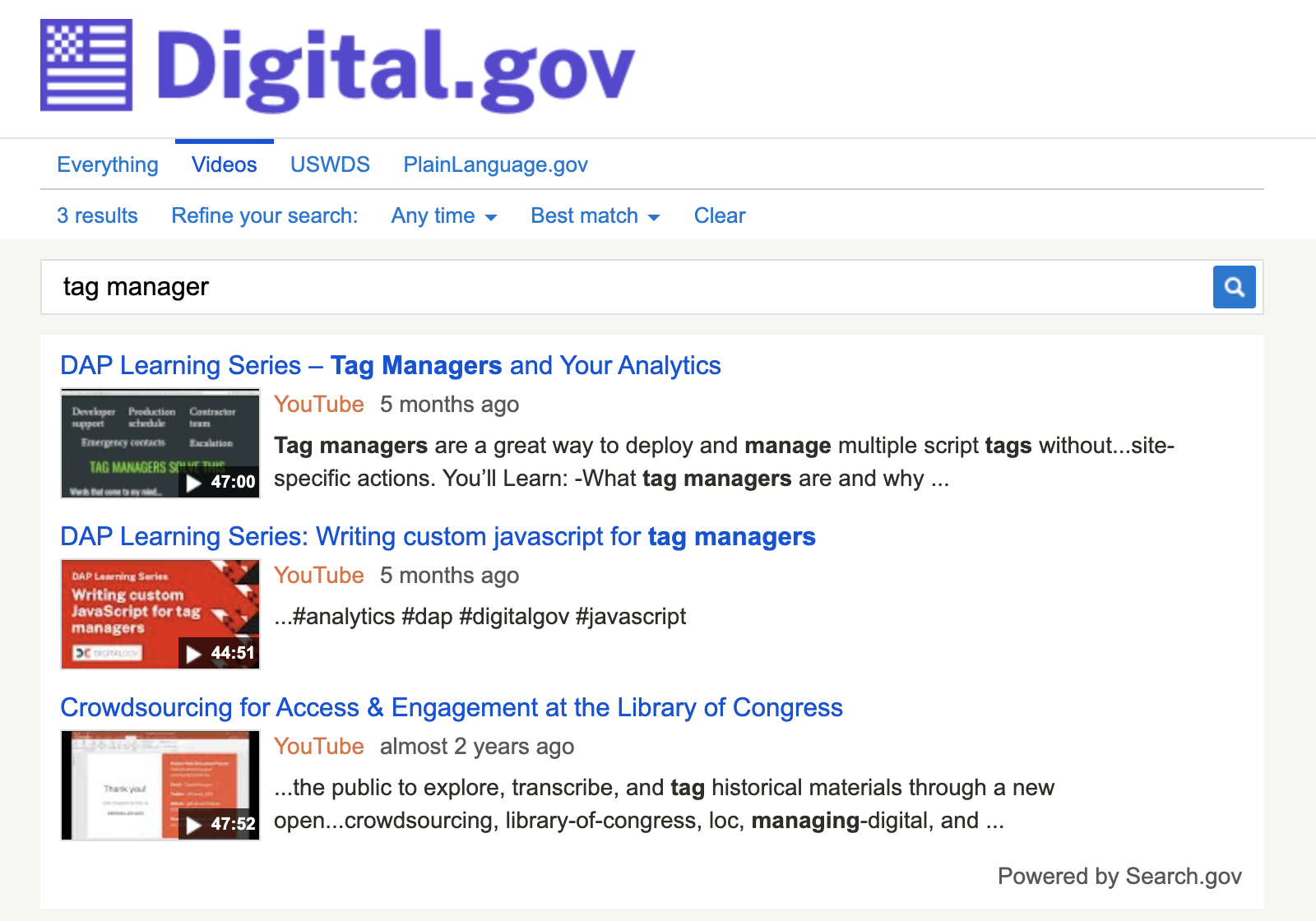 Videos search tab on DigitalGov.gov