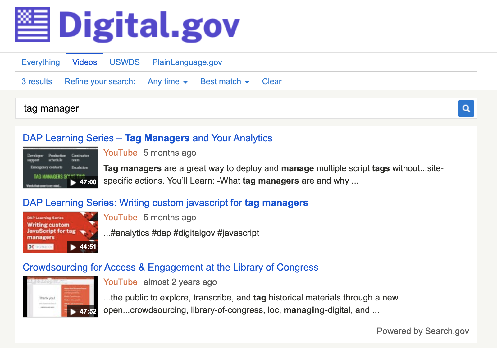 Videos Facet on DigitalGov.gov