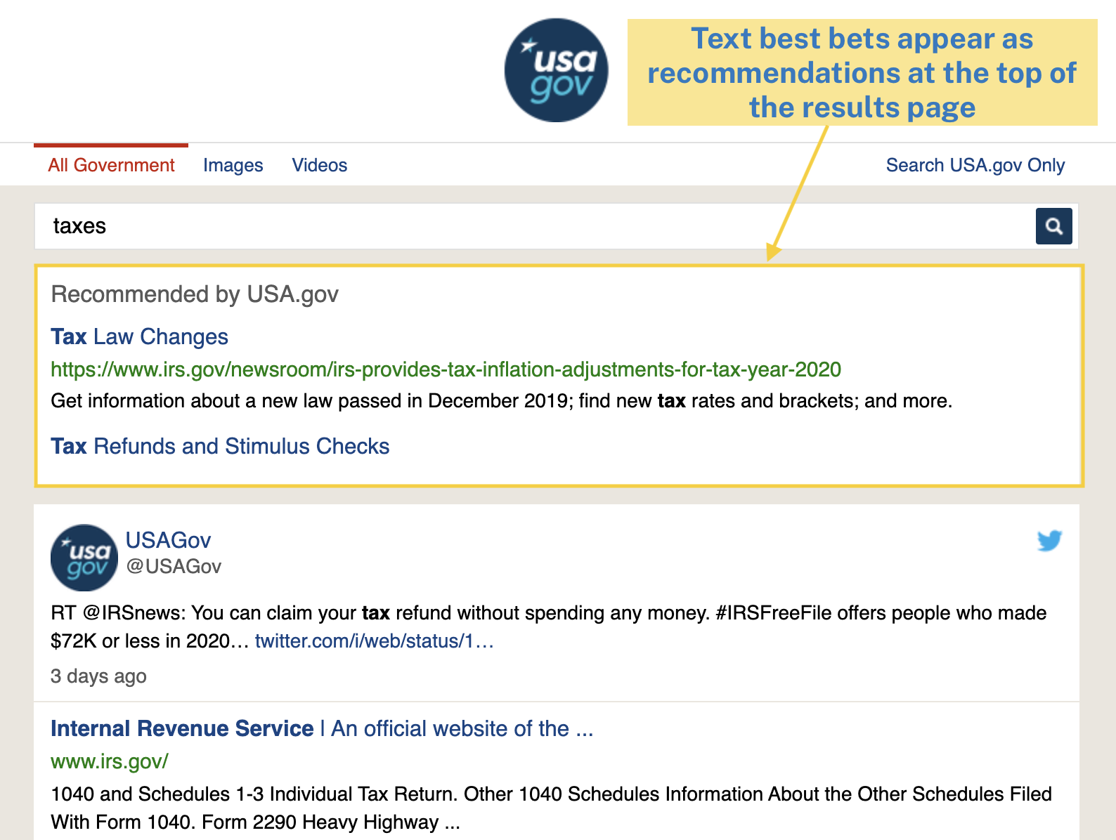 Text best bets for 'taxes' on USA.gov. Text best bets appear as recommendations at the top of the results page.