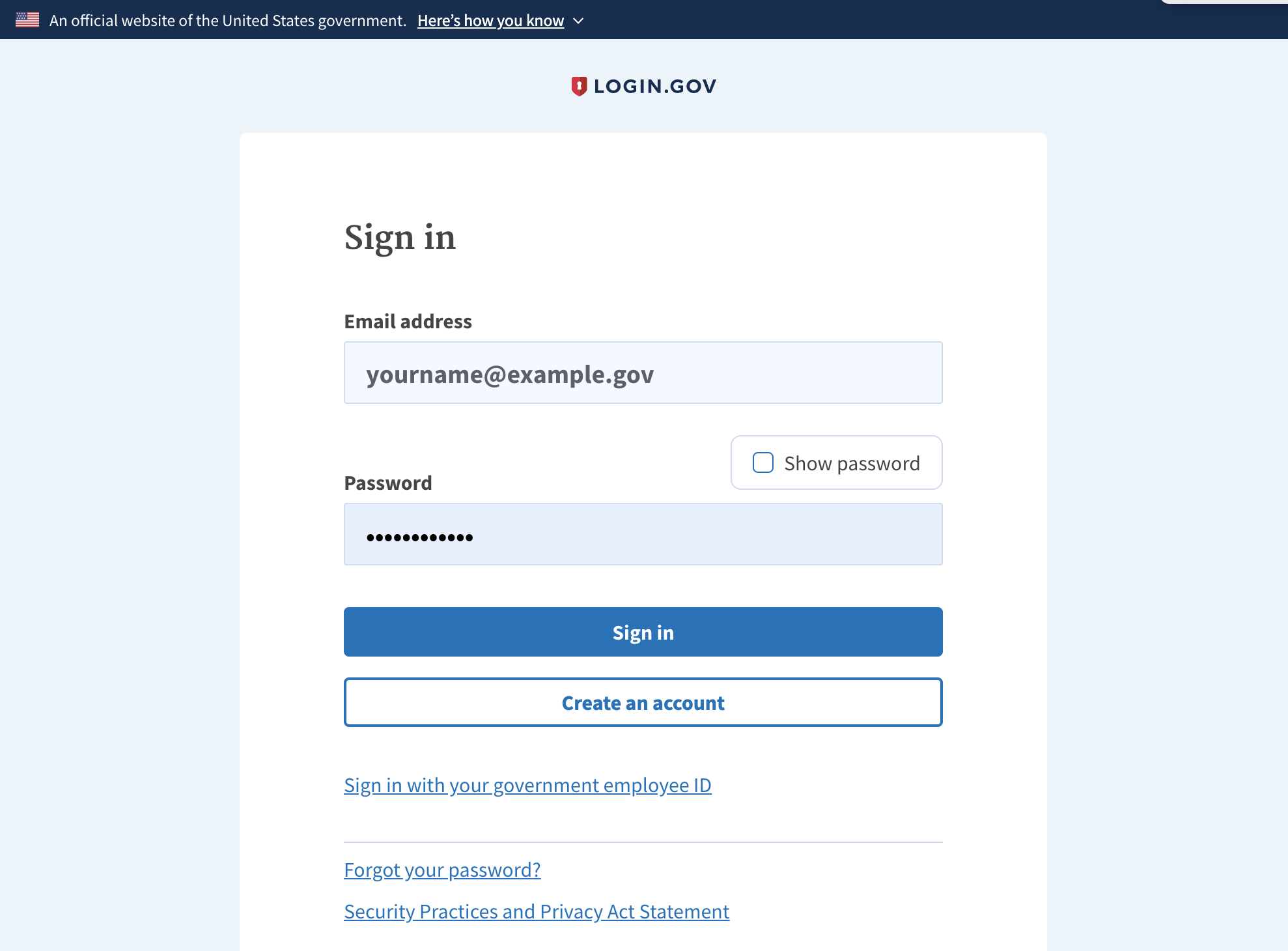 Screenshot showing Login.gov sign in page