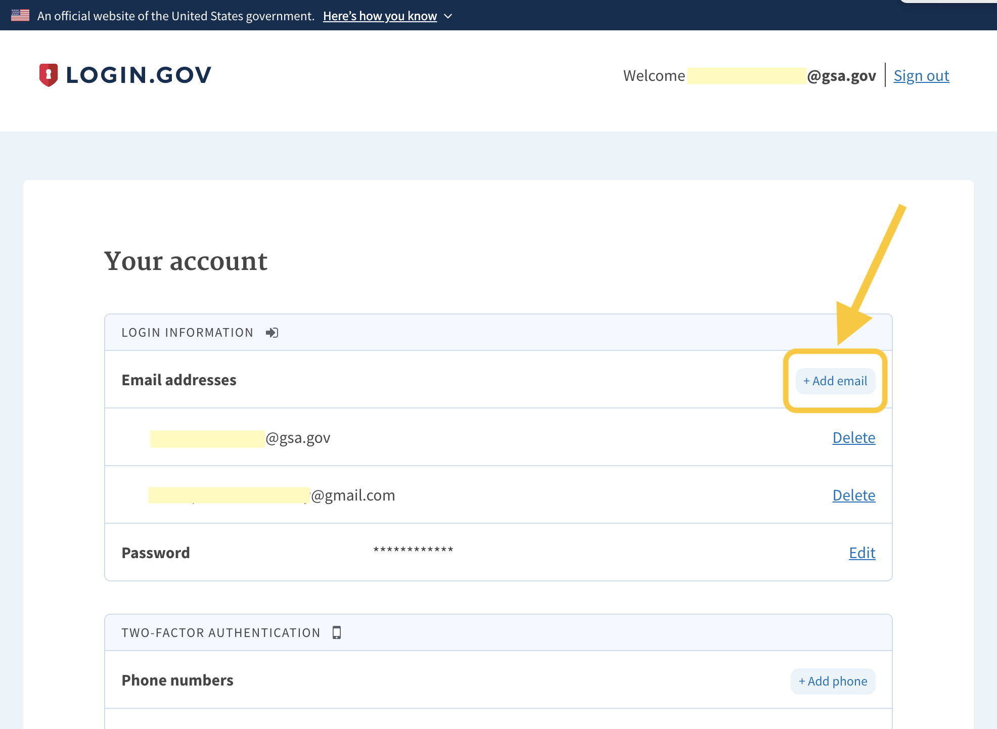 Screenshot of Login.gov account page showing where to find the 'Add email' button