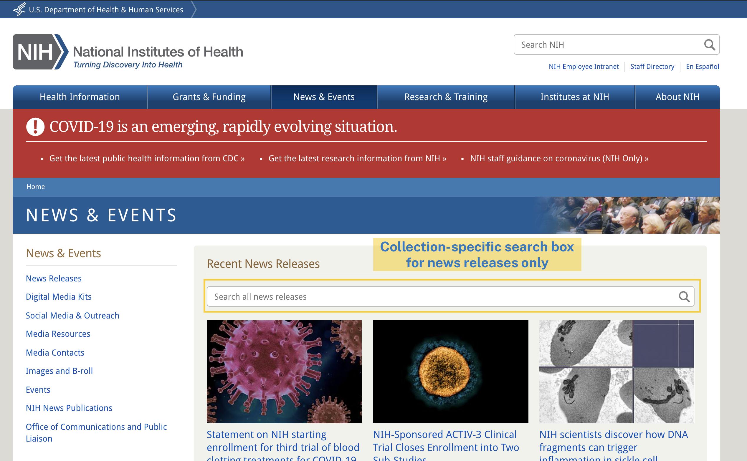 News-only search box on NIH.gov's News Releases page