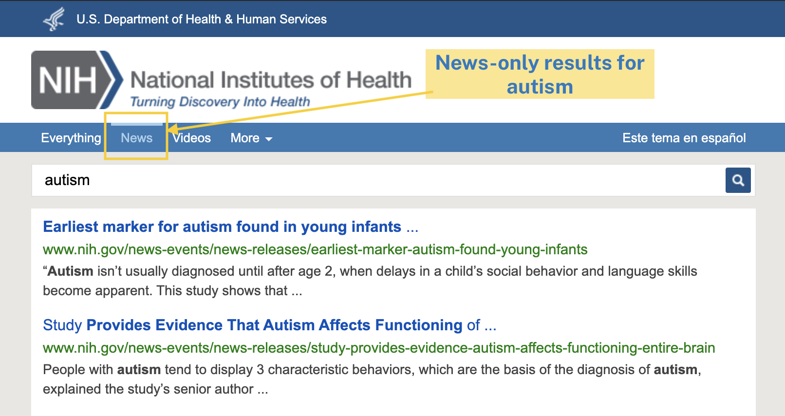 NIH.gov news-only search results page