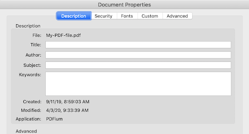 Screenshot showing the Document Properties of a PDF. Editable fields include Title, Author, Subject, and Keywords. It also displays the file name, and the created and modified dates of the document.