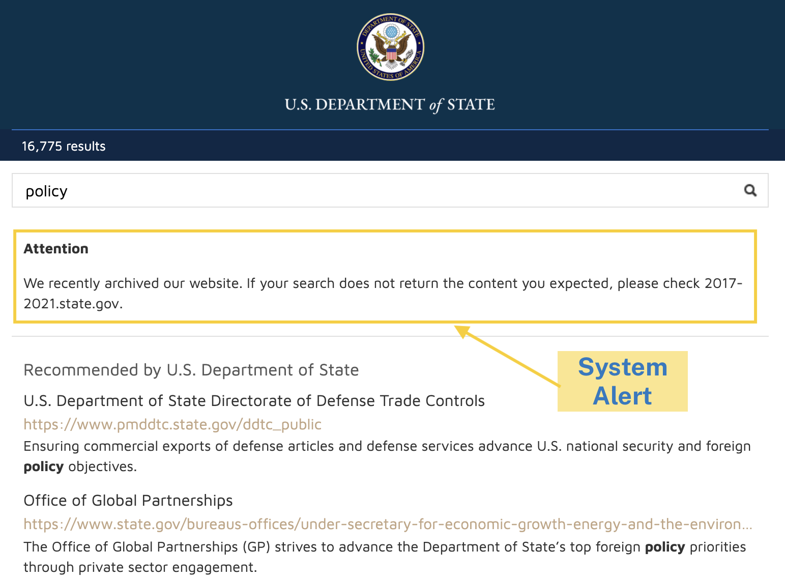 Custom System Alert on State.gov