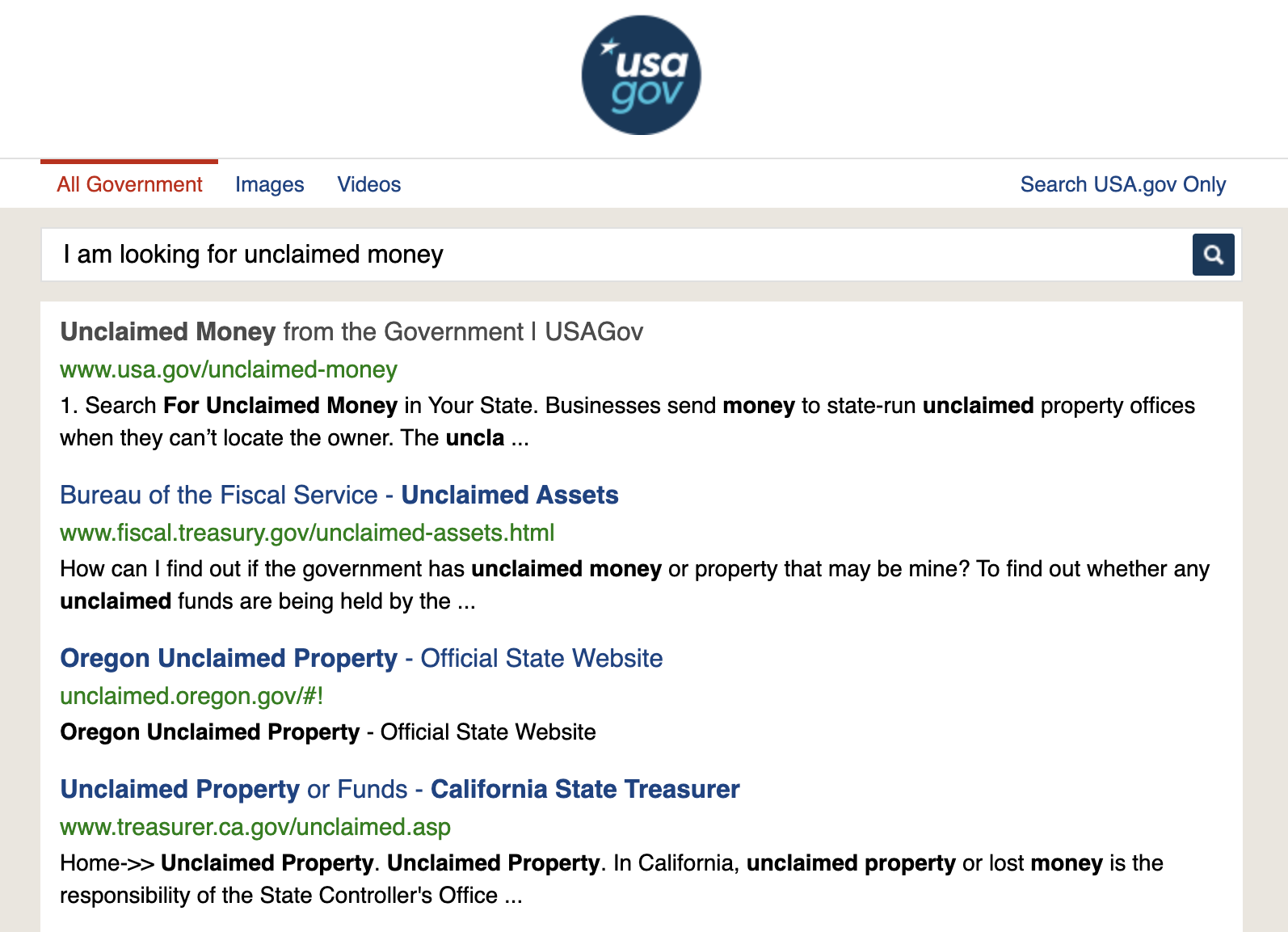 Standard search results for 'I am looking for unclaimed money' on USA.gov