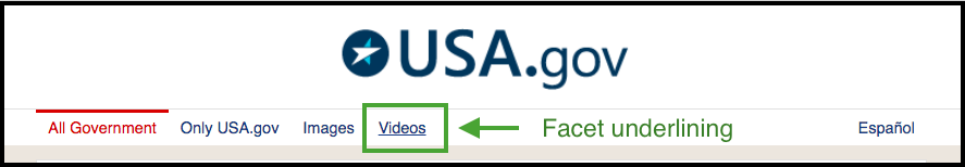 Screenshot of USA.gov search results page with green box around facets